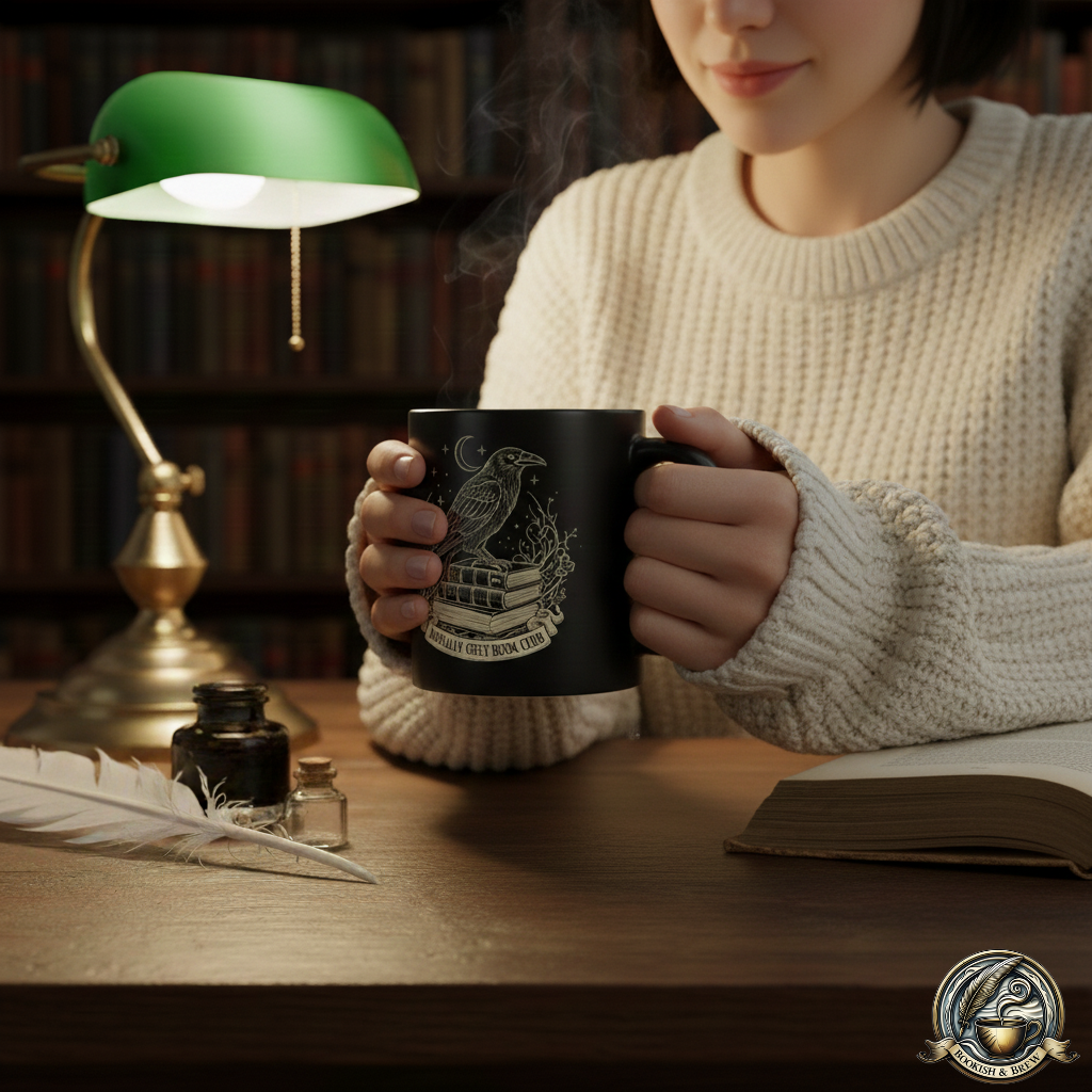 The Raven Scholar Mug | Dark Academia Gothic 15oz Black Coffee Mug | Morally Grey Book Club Literary Gift